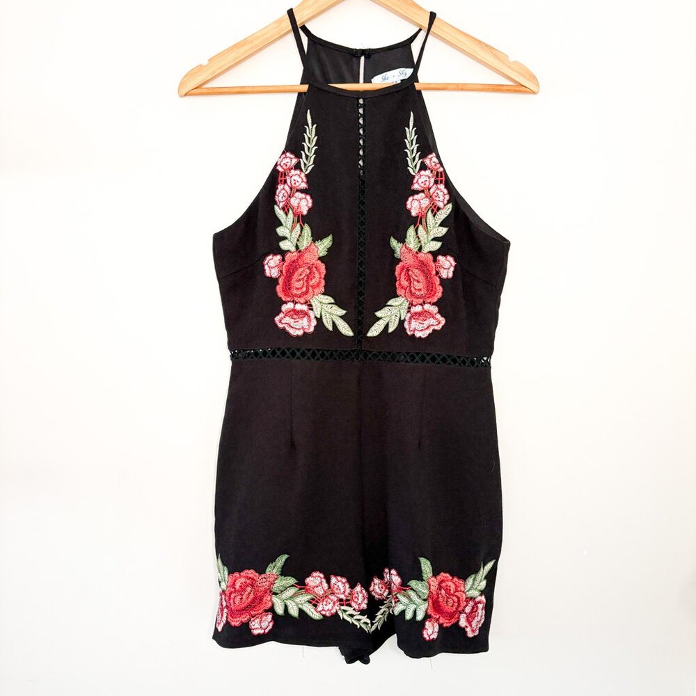 She + Sky Black‎ Embroidered Romper Size Medium